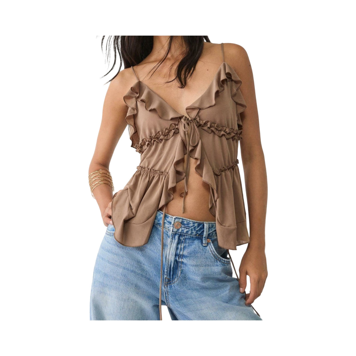 Stradivarius Ruffled Strappy top mottled light brown
